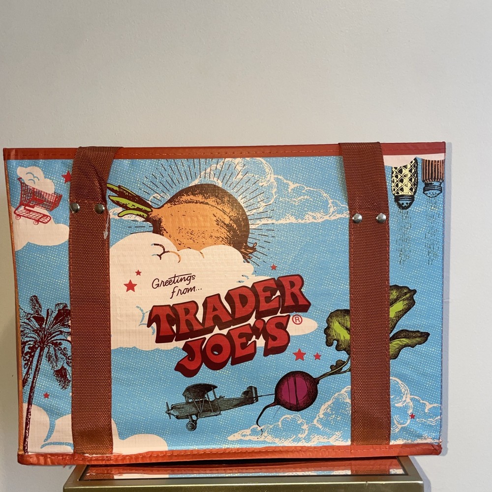 Trader Joe’s Insulated Grocery Bag Blue Sky Travel Design Reusable Tote 2025