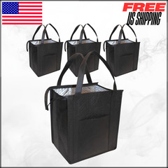 Black Insulated Grocery Bags Reusable Shopping Bags W/ Zippered Top Food 4PK