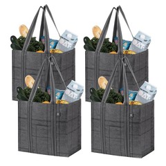 4 Pack Reusable Grocery Bags with Hard Bottom, Large, Windowpane
