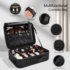 Travel Makeup Bag with Brush Holder, Professional Medium, Black Leather
