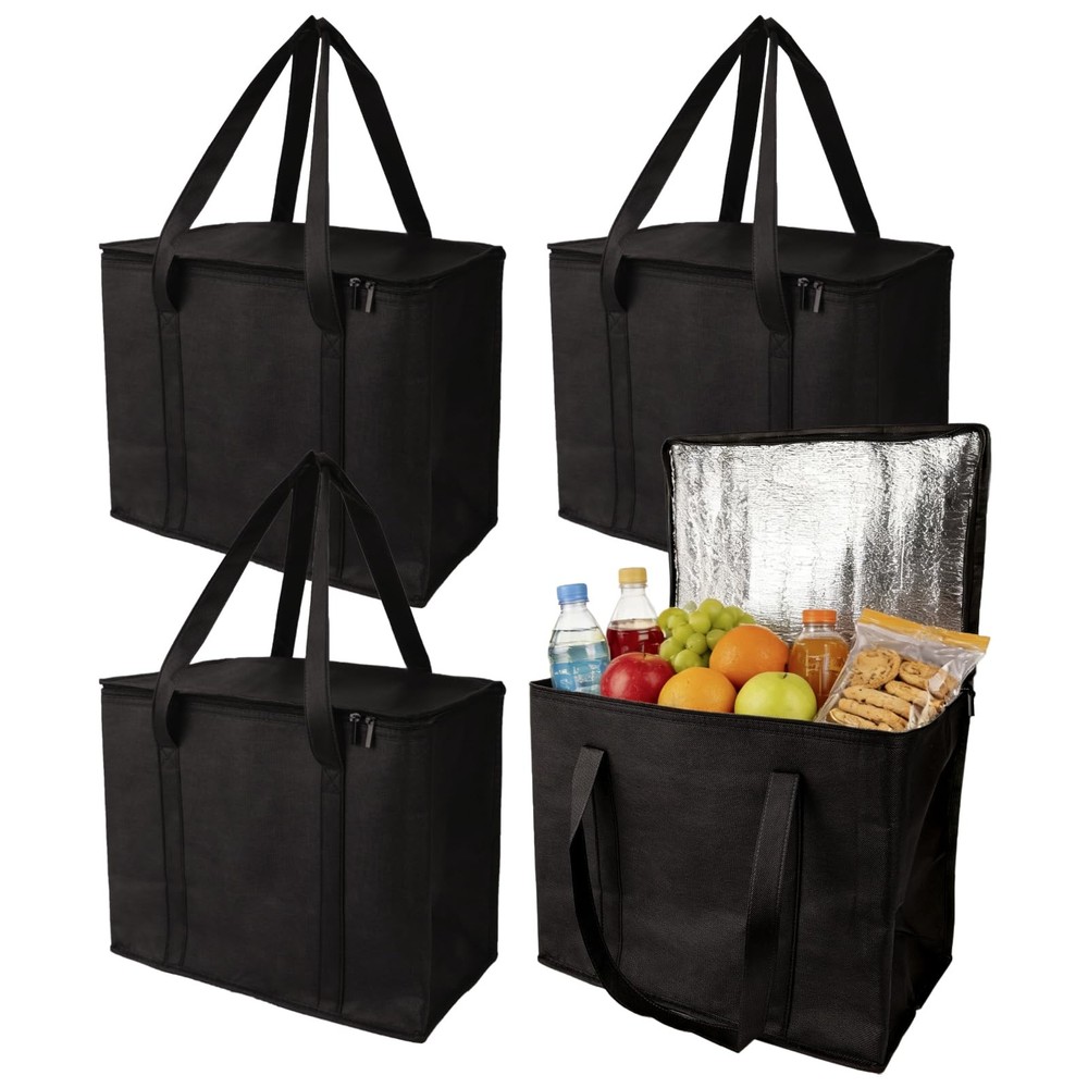 4 Pack Large Insulated Reusable Grocery Bags (Black, 35L), Foldable Cooler To…