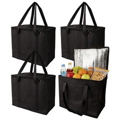 4 Pack Large Insulated Reusable Grocery Bags (Black, 35L), Foldable Cooler To…