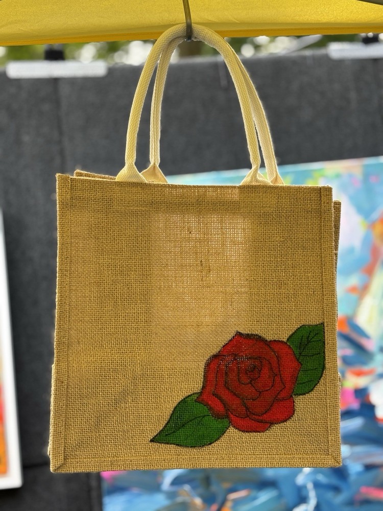 Hand painted Jute Reusable Shopping Bag Red Rose Floral Beige Red Green