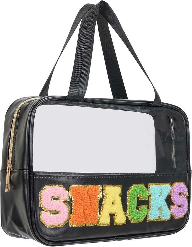 Snack Bags Chenille Letter Clear Makeup Bag Snacks for Travel, Black