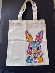 Foldable Canvas Reusable Shopping Bag Beige Multicolor Floral Bunny Print