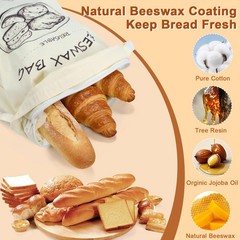 Beeswax Bread Bag 2 Pack, Reusable Organic Cotton 13 x 17 inches, Beige