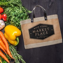 Main Street Farmers Market Tote, Reusable Burlap Grocery Bag with Leather Han…