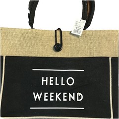 Jute Reusable Shopping Tote Bag Hello Weekend Graphic Print Foldable Beige/Black