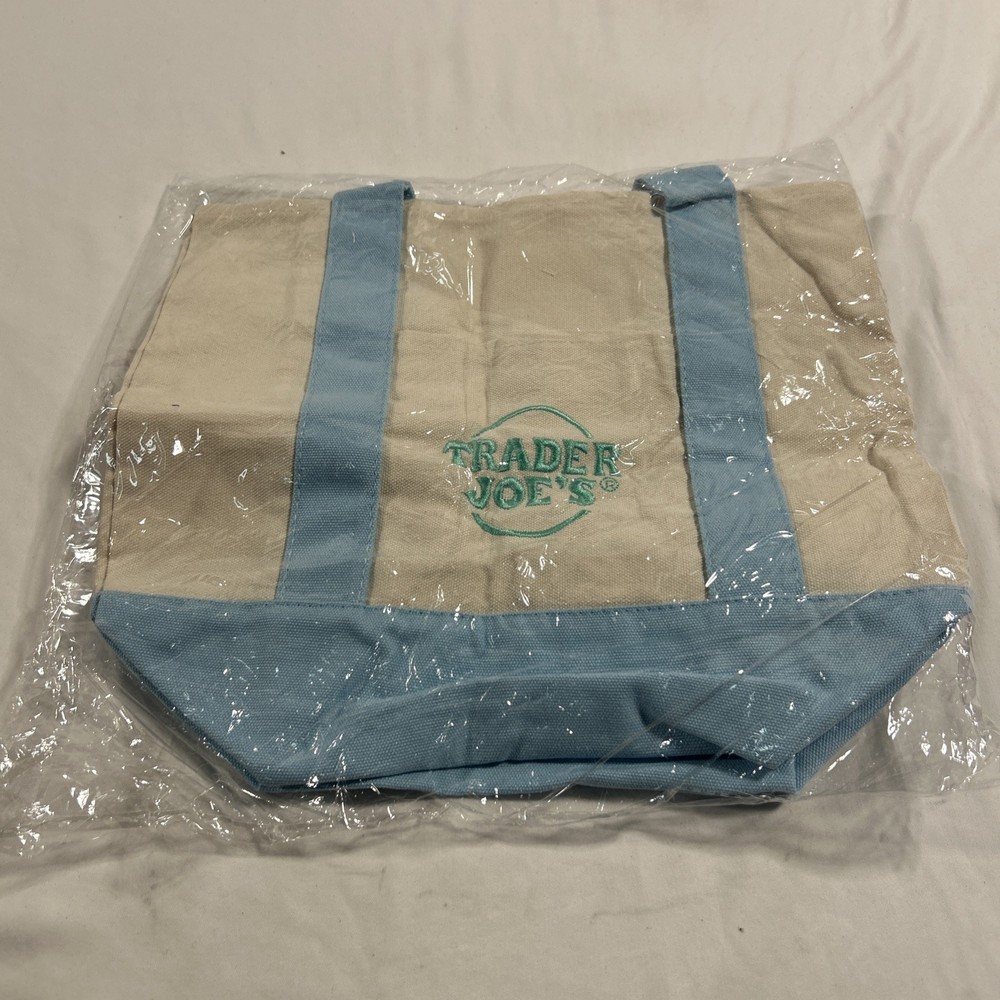 New Trader Joe’s Mini Canvas Tote Bag Foldable Beige Light Blue Solid