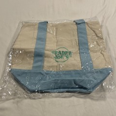 New Trader Joe’s Mini Canvas Tote Bag Foldable Beige Light Blue Solid
