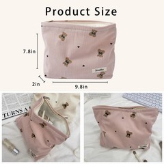 RSRSLEII Corduroy Travel Makeup Bag with Bear Pattern, Cosmetic 01Pink