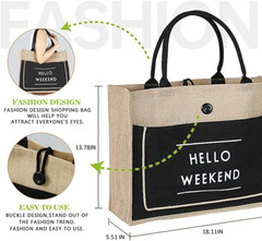 Jute Beach Tote for Women, Reusable Grocery Shopping Bag with Handle, Cute Straw
