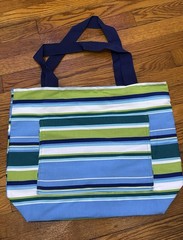 Blue Green White Stripe Reusable Foldable Polypropylene Tote Bag 18x16x6 in