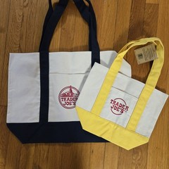 Trader Joes Set Of 2 Mini & Large Canvas Tote Bags Yellow and Navy Brand NEW