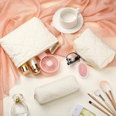 Paterr 3 Pcs Quilted Makeup Bag Set Small Bridesmaid Cosmetic Beige