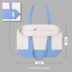 Canvas Tote Bag with Pocket, Zipper, Reusable Grocery Bag, Light Blue/Natural