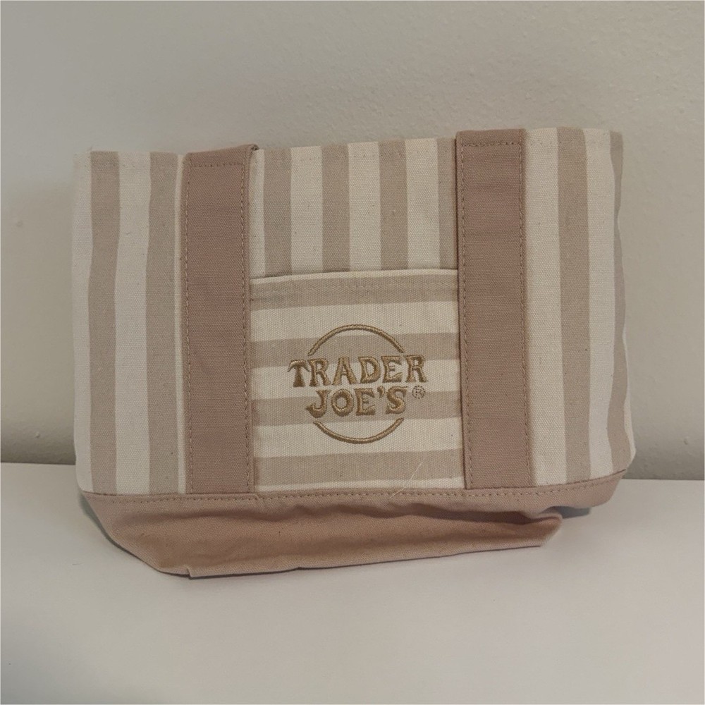Trader Joe’s Striped Mini Canvas Tote Bag Reusable Beige/White