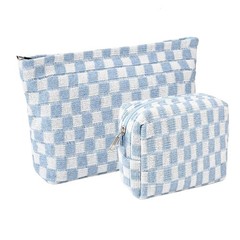 FFpaw 2 Pieces Makeup Bag Set, Small Blue Checkered Cosmetic Large+Mini