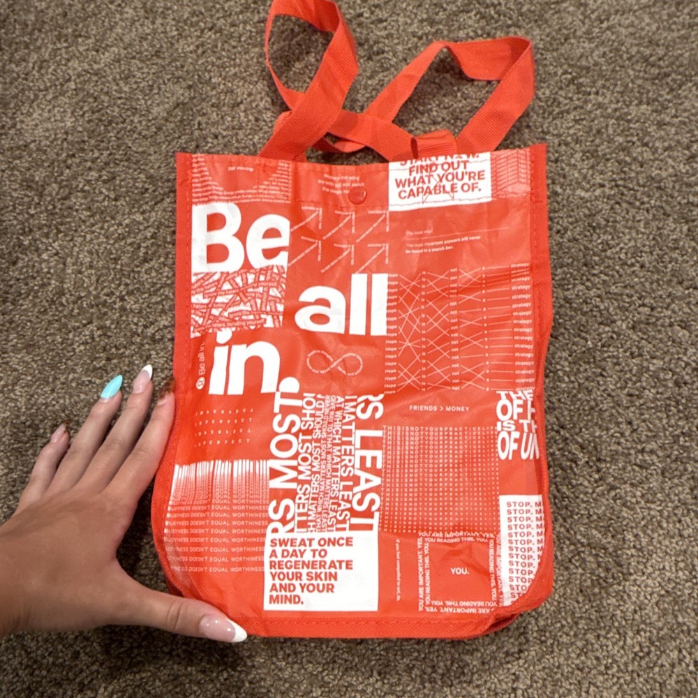Large Reusable Shopping Tote Bag, Red/White Plastic “Be all in”, 14×16 in, 25 qt