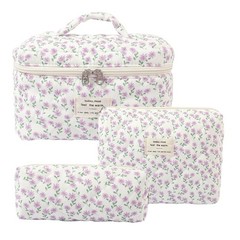 Slpytc Large Floral Makeup Bag for Women, Quilted Purple Peacock Flower