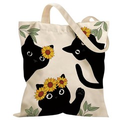 Black Cat Canvas Tote Bags Sunflower Print Reusable Shopping Bag for Women wi…