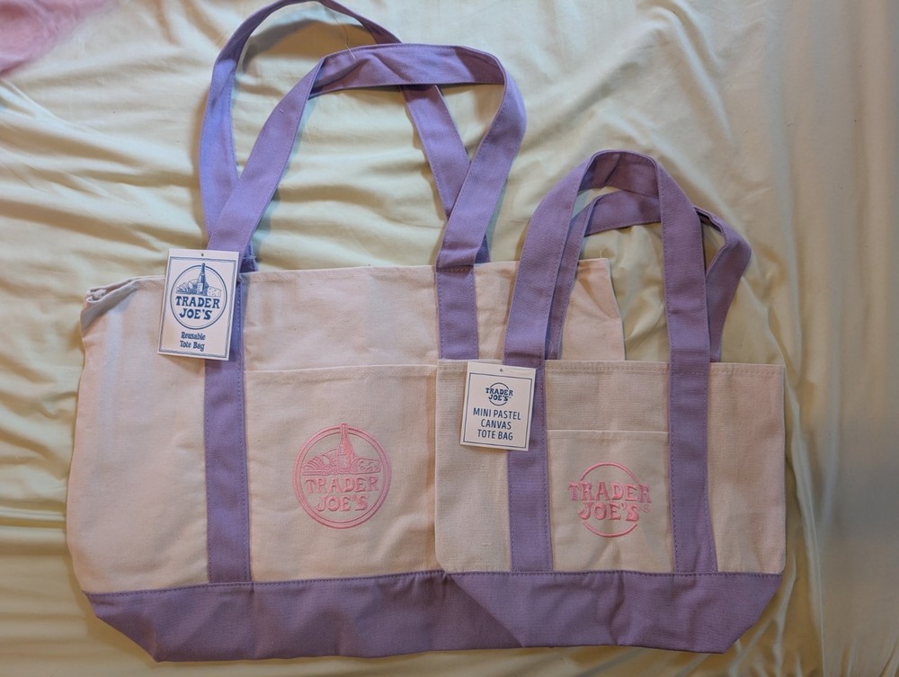 Trader Joe’s Mini and large Pastel Canvas Reusable Tote Bags Lavender Set of 2
