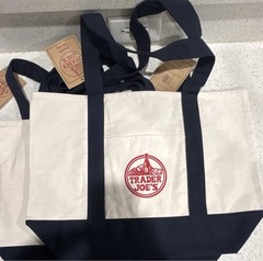 Trader Joe’s Foldable Canvas Reusable Tote Bag Beige Navy Blue Solid NWT