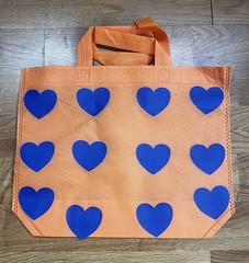 Foldable Orange Plastic Reusable Shopping Bag with Blue Heart Pattern
