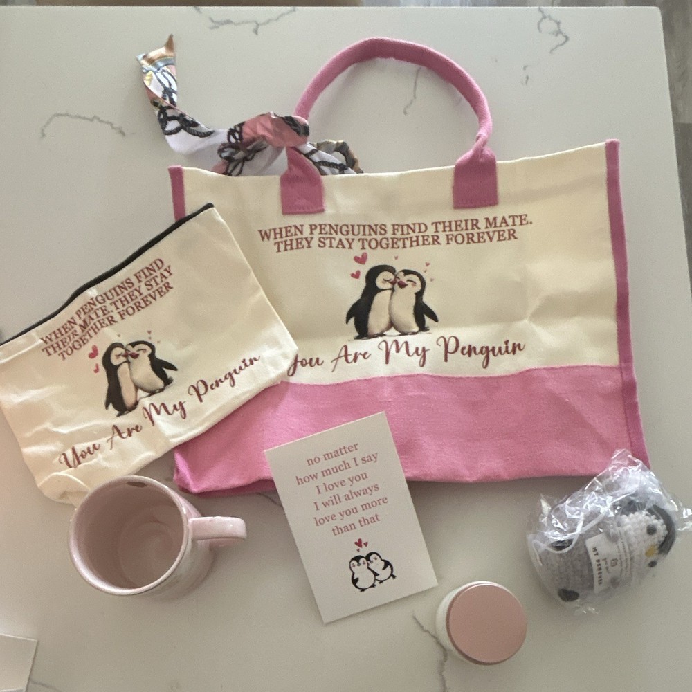 Pink & White Penguin Pattern Reusable Shopping Bag Tote 9x6x6 Open Box Gift Set
