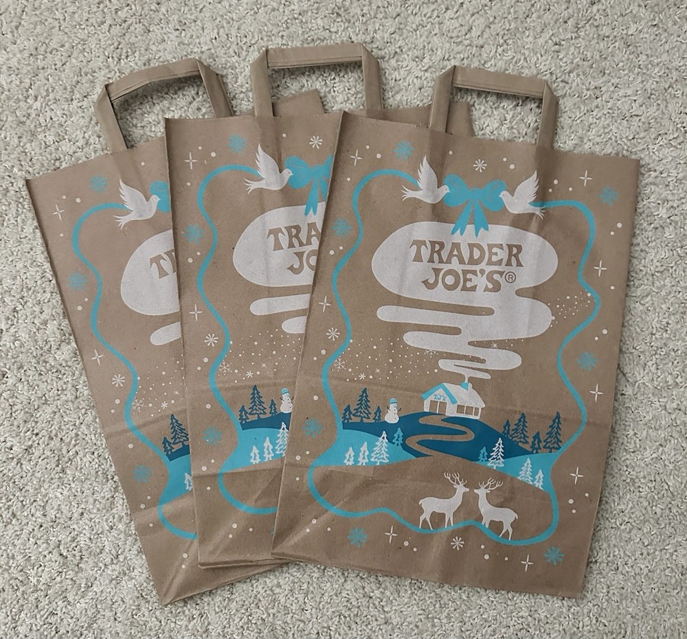 3pc Lot 2025 Trader Joes Brown Paper Bags Christmas Snowy Market Holiday Crafts