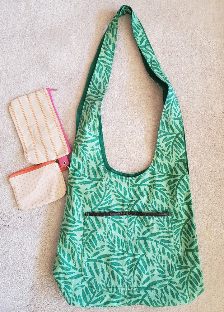 Reusable Green Print Linen-Cotton Magnetic Snap Closure Shopping Shoulder Bag