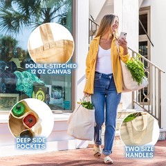 3pc Canvas Grocery Bags with Pockets, Shoulder Straps – Foldable, Washable He…
