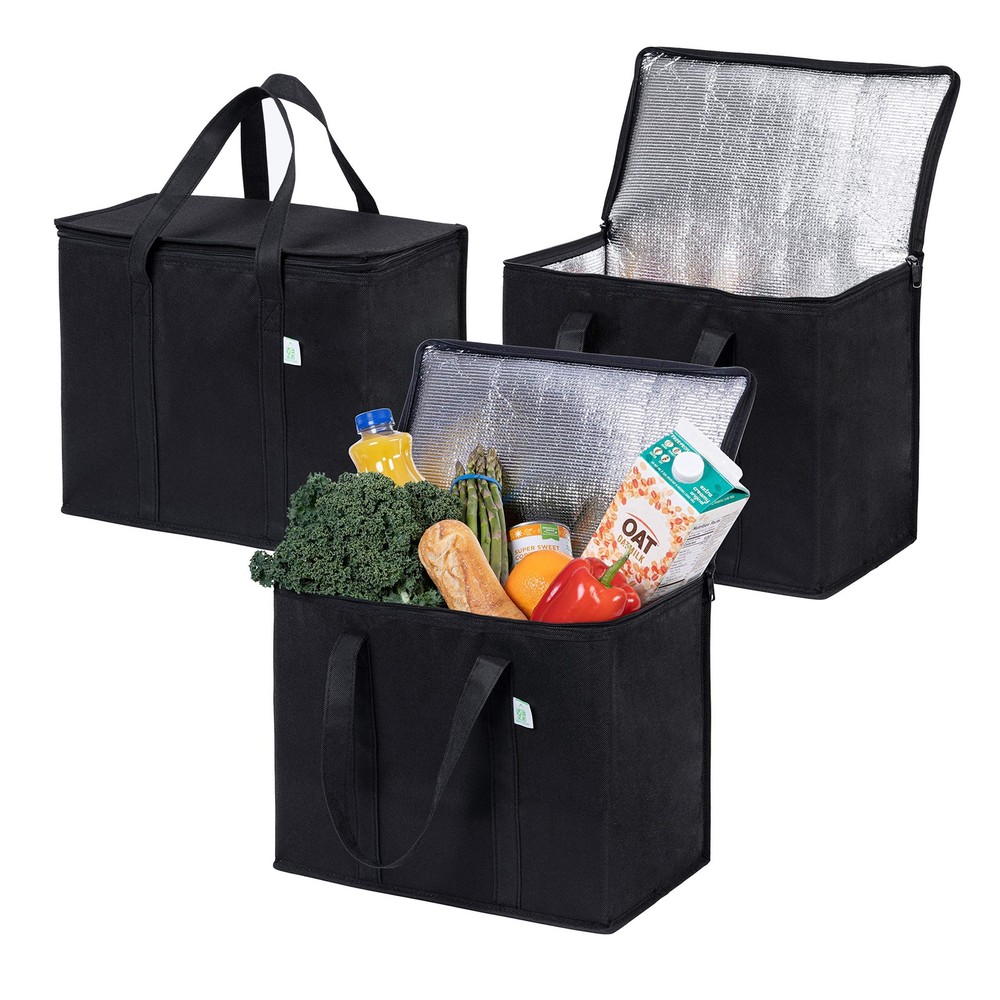 3 Pack Black Insulated Reusable Grocery Bag Large Cooler Tote for Shopping
