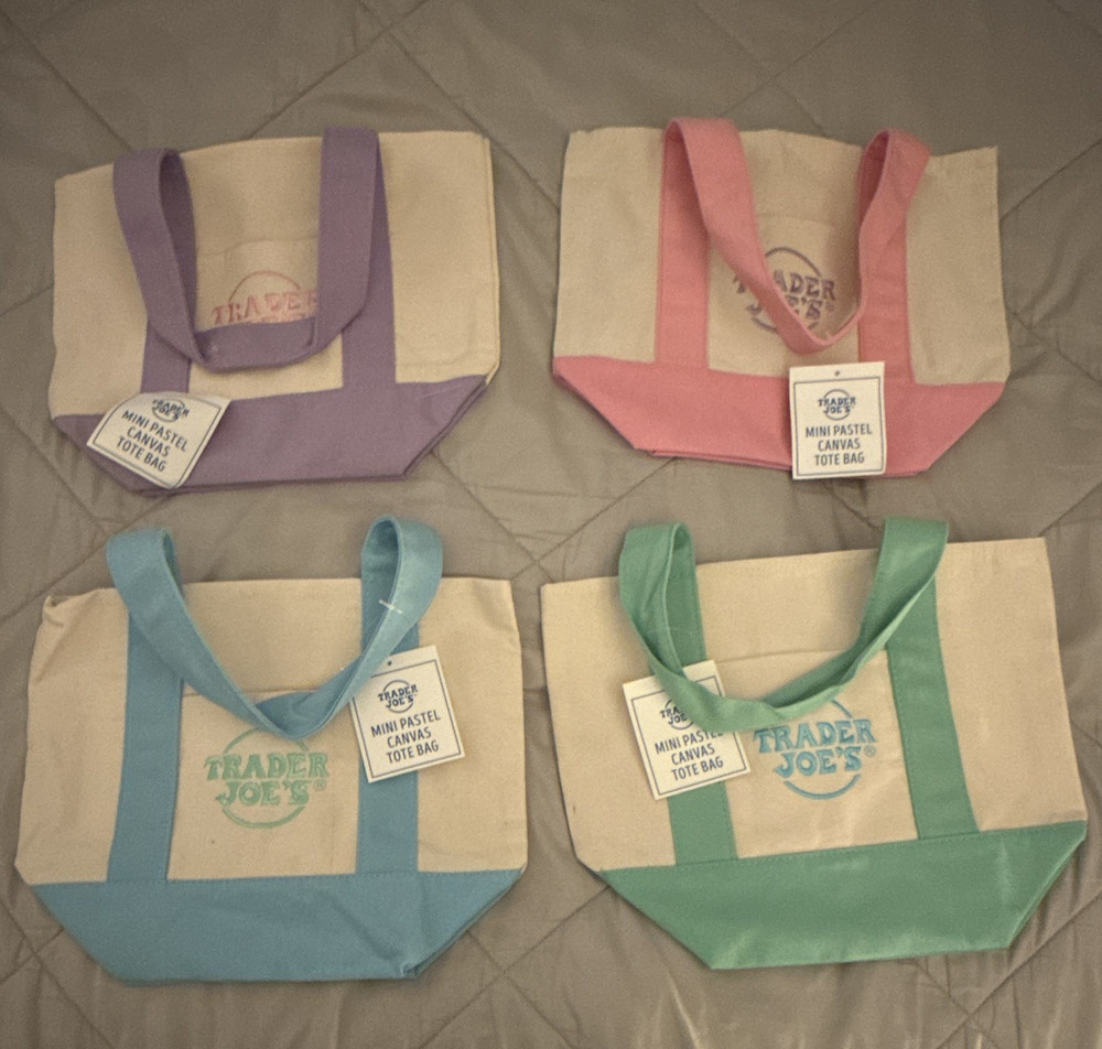 Trader Joe’s Mini Pastel Canvas Reusable Tote Bag Set, 4Pack Multicolor (Tagged)