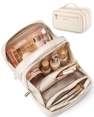 BAGSMART Travel Makeup Bag, Make Up Bag with Multiple Compartments for Beige