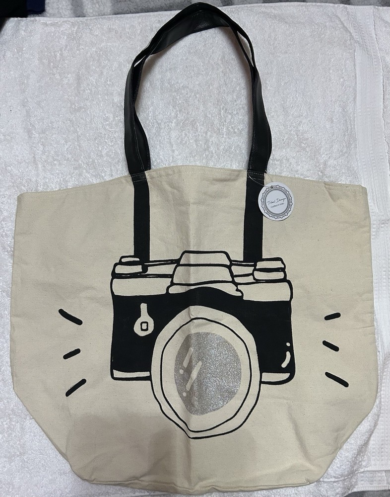 Reusable Camera Design Tote Bag Natural Color NWT