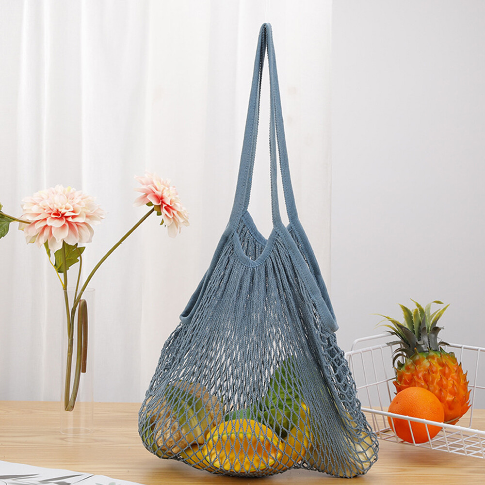 Woven Cotton Mesh Bag Foldable String Long Handle Net Tote Fruit Vegetable New