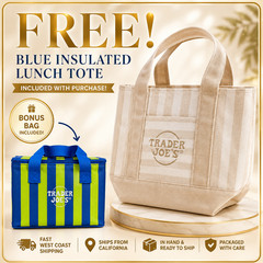 🔥 WEST COAST SHIP • Trader Joe’s Tan Mini Tote + FREE Blue Insulated Lunch