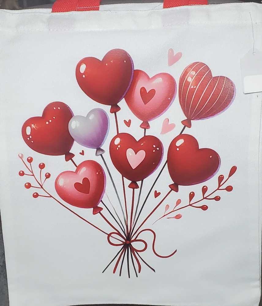 Reusable Tote Bag White Red Handles Heart Balloon Print 11″ x 13″