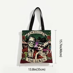 1pc Double-Sided 2D Flat Printing Shopping Tote Bag, Vintage Monster Love