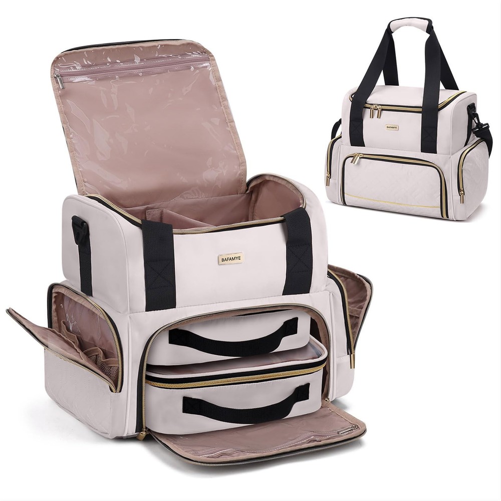 Large Makeup Cosmetic Bag with 2 Removable Case, Double Large, Khaki