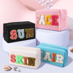 LYOOmaLL 4 Pcs Chenille Letter Preppy Patches Makeup white blue Black pink