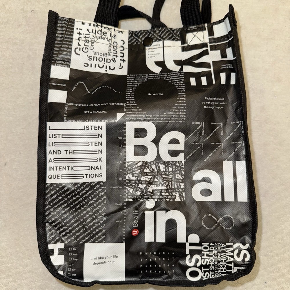 Lululemon Reusable Small Shopping Tote Bag Black White 9.25X11X4.5 Snap Closure