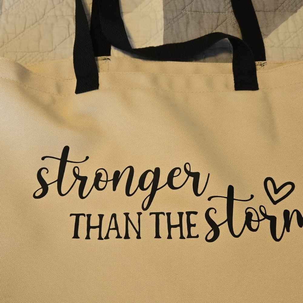 Beige Black Canvas Foldable Tote Bag with Text Pattern and Black Handles