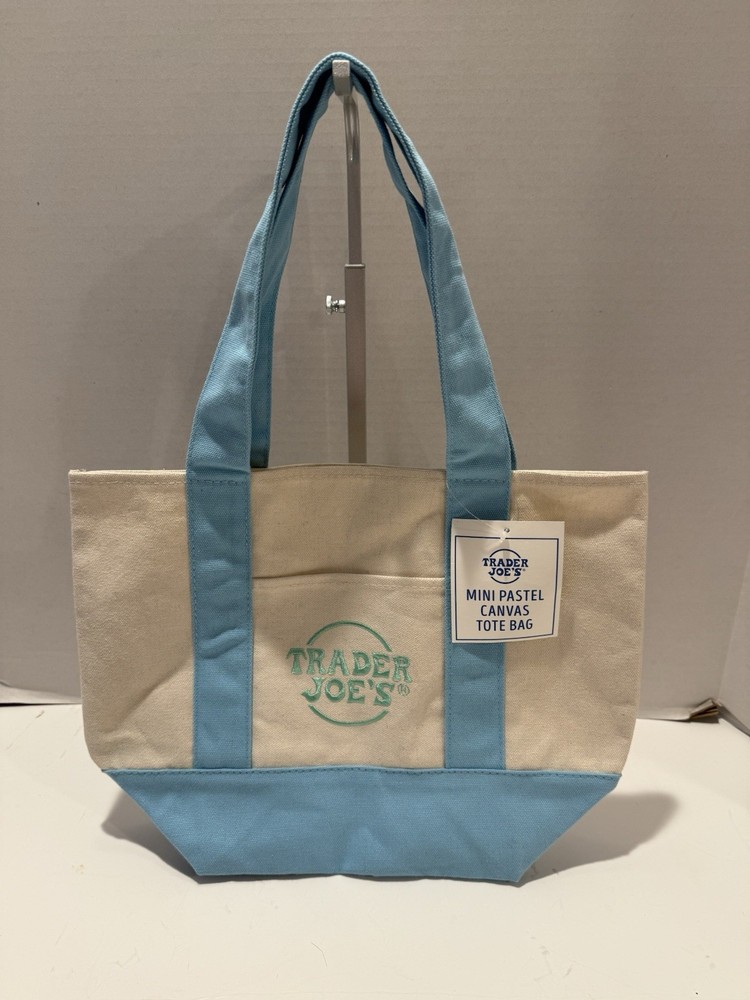 NWT Trader Joes Mini Pastel Canvas Tote Bag Blue Reusable Grocery Bag