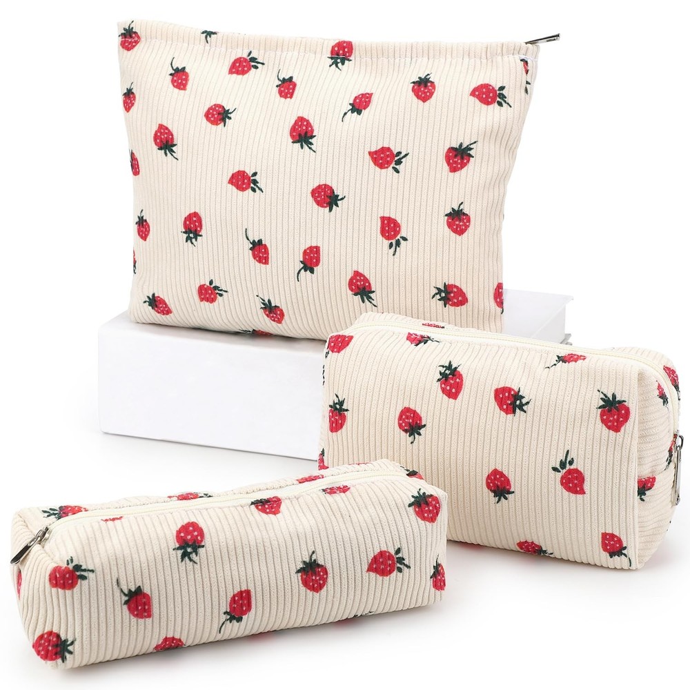 EIMMBD Makeup Bag 3 Pieces Large Capacity Cosmetic Bags Beige Strawberry