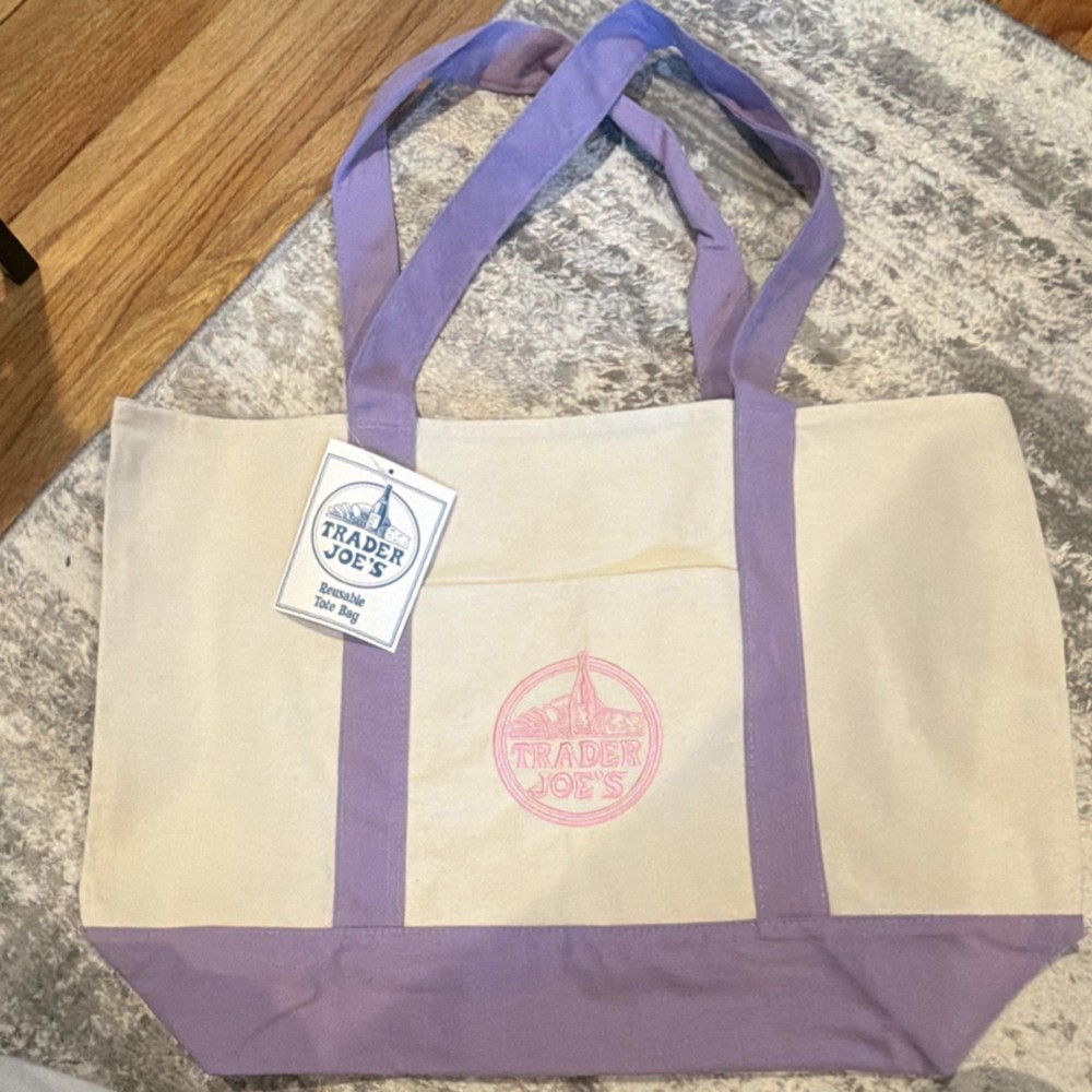 Trader Joe’s Foldable Reusable Tote Bag Beige Purple Cotton Polyester