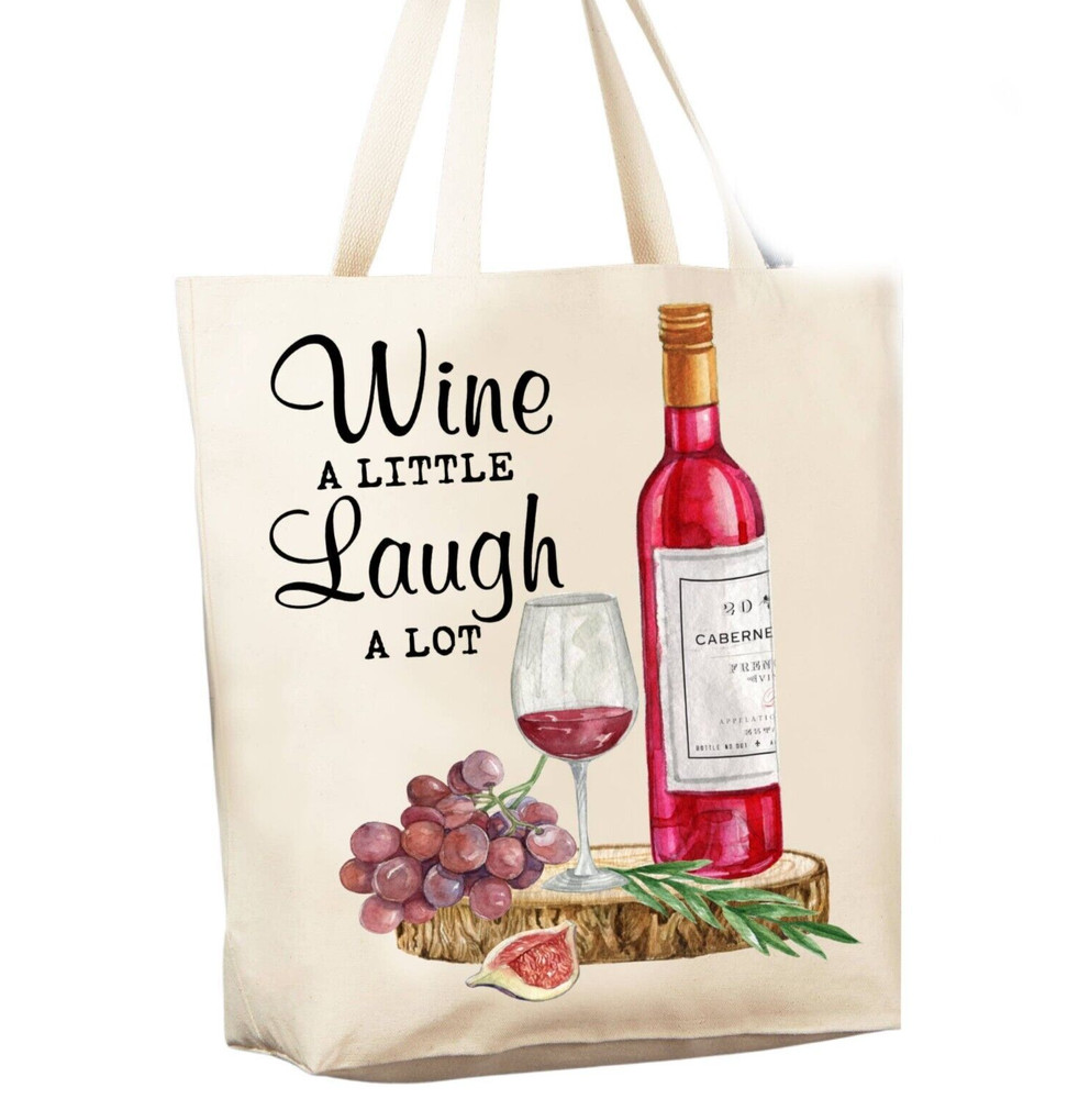 Reusable Grocery Shopping Cotton Canvas Bag, Wine Lover Laugh Alot 12 oz Tote