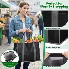 Black Large Foldable Reusable Grocery Shopping Tote Bag Long Handle 10 PCS