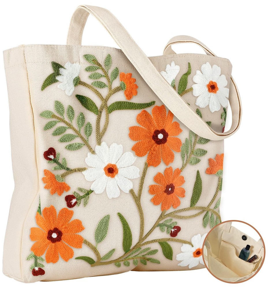 Embroidery Canvas Tote Bag for – Reusable Totes with Pocket & Magnetic Buckle…